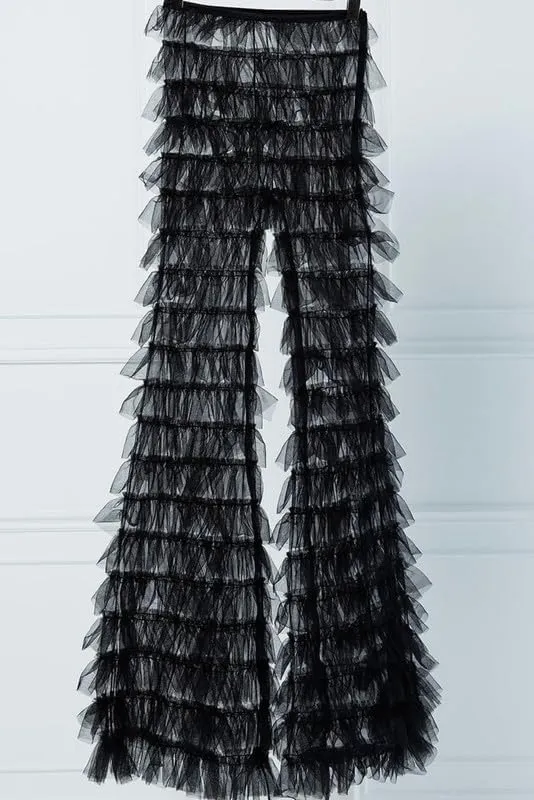 Women Layer Ruffle Tulle Long Pants High Waist See Through Mesh Flare Pants Fairy Sweet Wide Leg Trousers