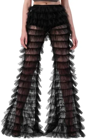 Women Layer Ruffle Tulle Long Pants High Waist See Through Mesh Flare Pants Fairy Sweet Wide Leg Trousers