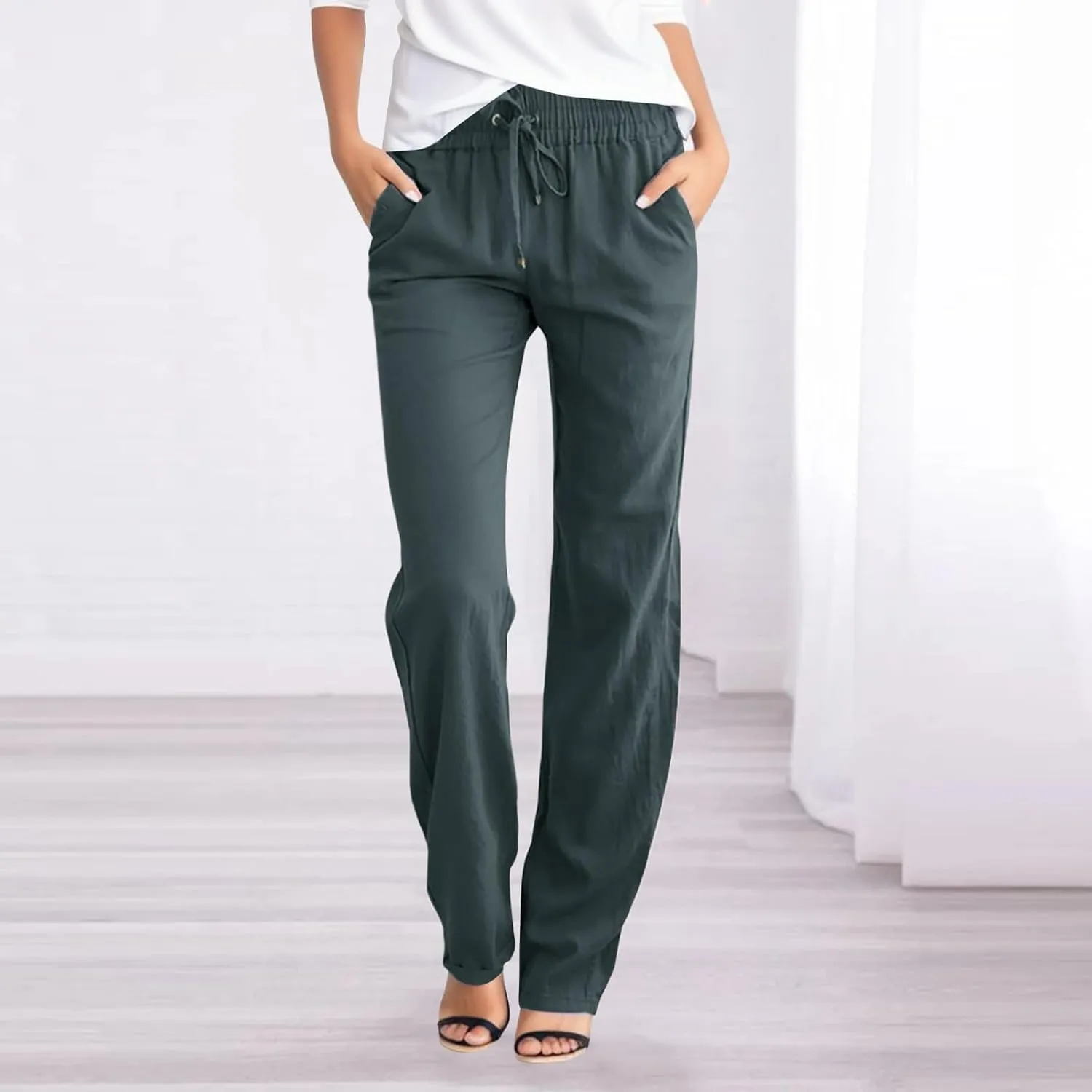 Women Linen Casual Pants Loose Fit High Waist Straight Leg Trousers Palazzo Pants with Drawstring Baggy Athletic Jogger Pants
