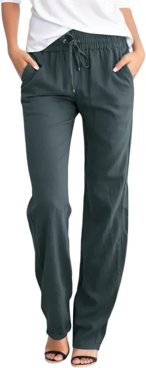 Women Linen Casual Pants Loose Fit High Waist Straight Leg Trousers Palazzo Pants with Drawstring Baggy Athletic Jogger Pants