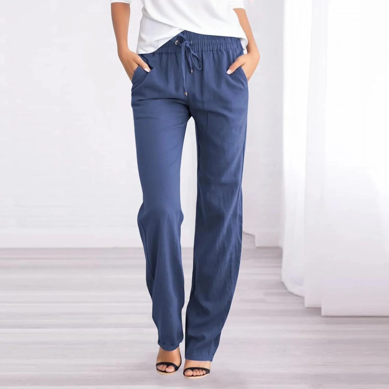 Women Linen Casual Pants Loose Fit High Waist Straight Leg Trousers Palazzo Pants with Drawstring Baggy Athletic Jogger Pants