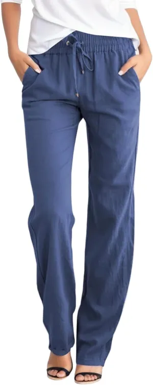 Women Linen Casual Pants Loose Fit High Waist Straight Leg Trousers Palazzo Pants with Drawstring Baggy Athletic Jogger Pants