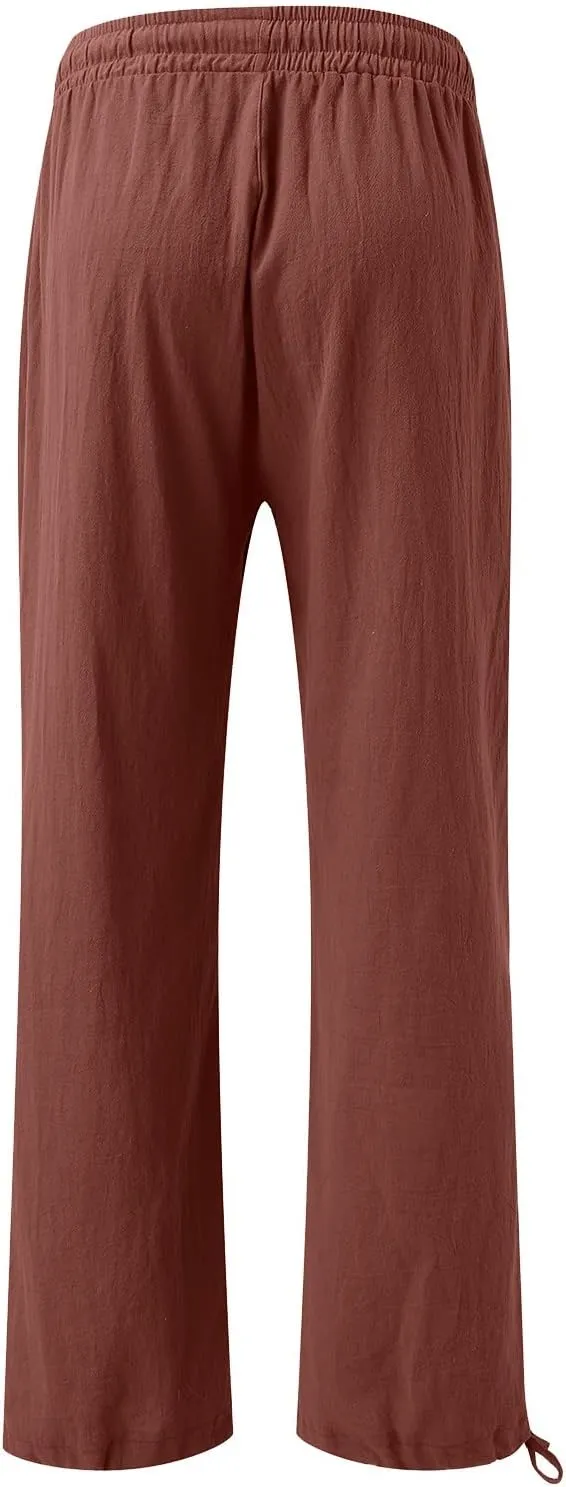 Women Linen Palazzo Pants Summer Boho Beach Yoga Pant Wide Leg Drawstring High Waist Lounge Trousers with Pockets