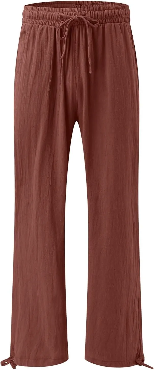 Women Linen Palazzo Pants Summer Boho Beach Yoga Pant Wide Leg Drawstring High Waist Lounge Trousers with Pockets