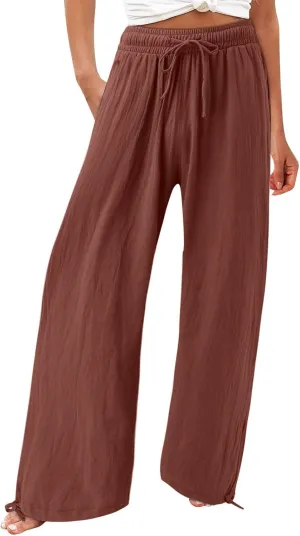 Women Linen Palazzo Pants Summer Boho Beach Yoga Pant Wide Leg Drawstring High Waist Lounge Trousers with Pockets