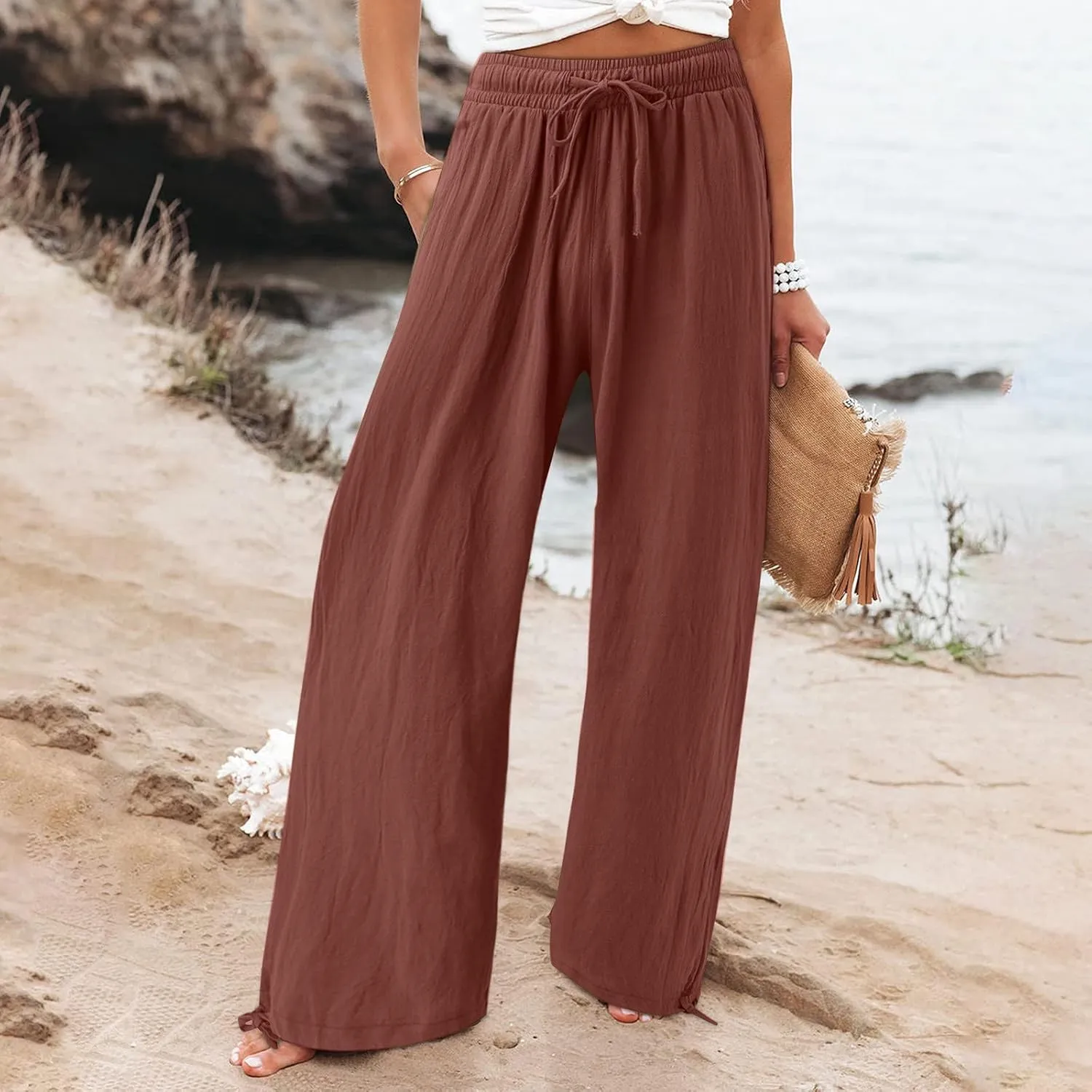 Women Linen Palazzo Pants Summer Boho Beach Yoga Pant Wide Leg Drawstring High Waist Lounge Trousers with Pockets