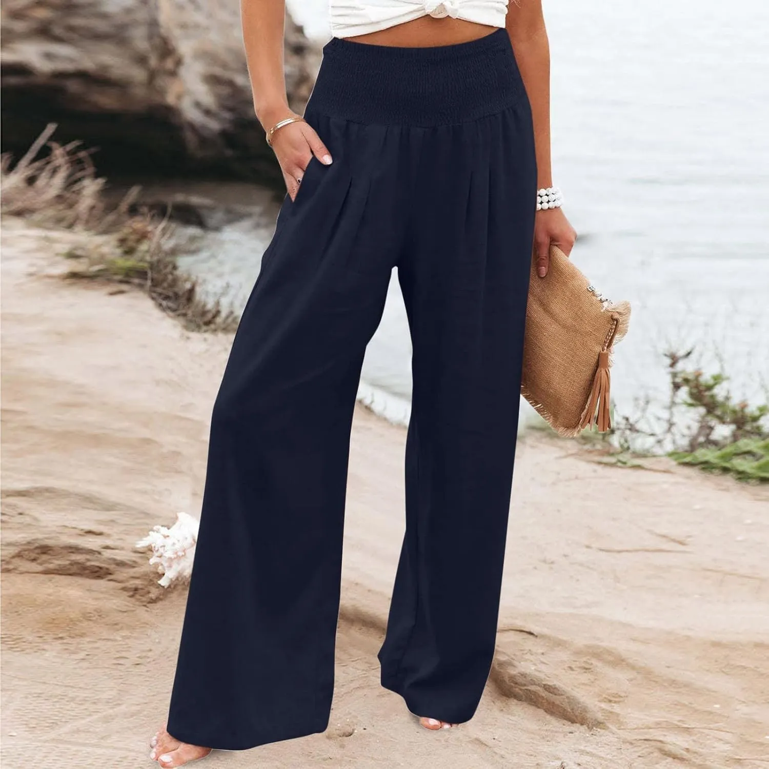 Women Linen Palazzo Pants Summer Boho Wide Leg High Waist Casual Lounge Pant 2024 Beach Travel Vacation Outfits
