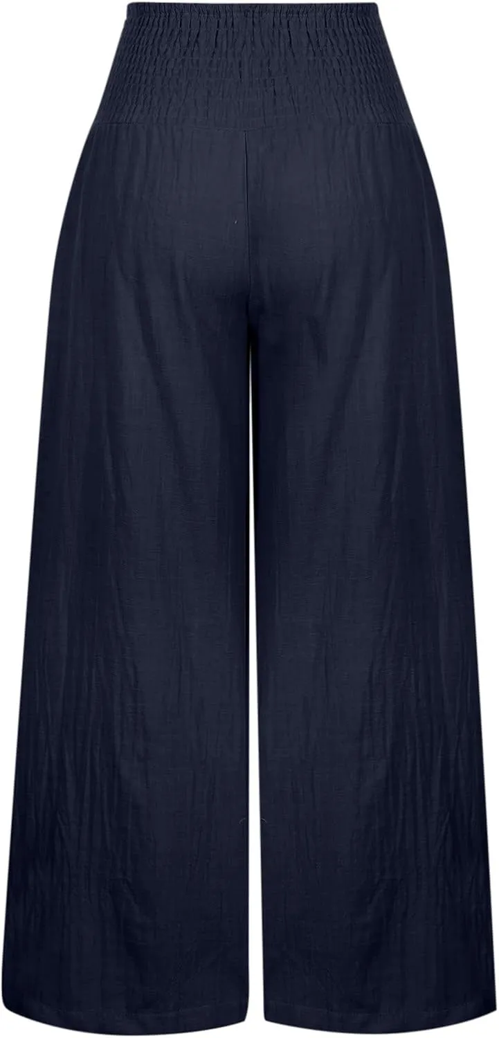 Women Linen Palazzo Pants Summer Boho Wide Leg High Waist Casual Lounge Pant 2024 Beach Travel Vacation Outfits