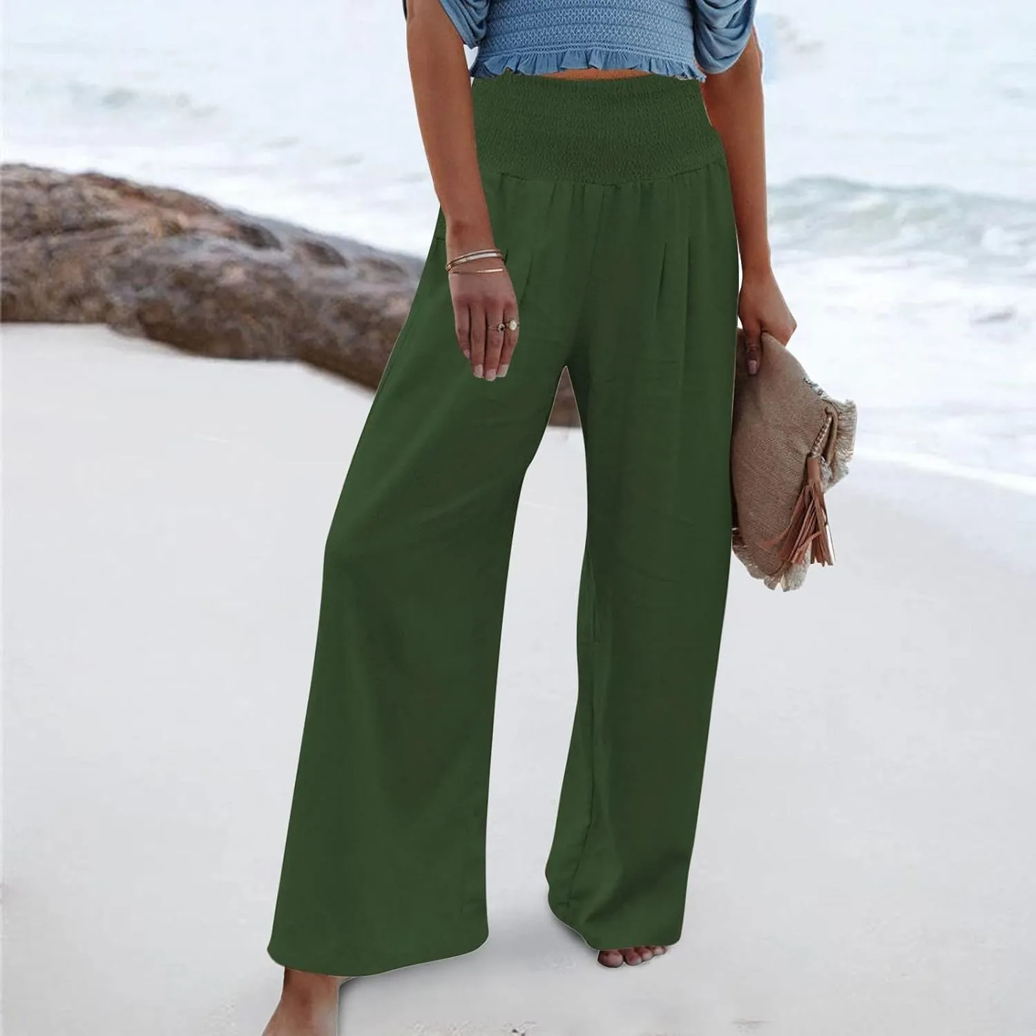 Women Linen Palazzo Pants Summer Boho Wide Leg High Waist Casual Lounge Pant 2024 Beach Travel Vacation Outfits