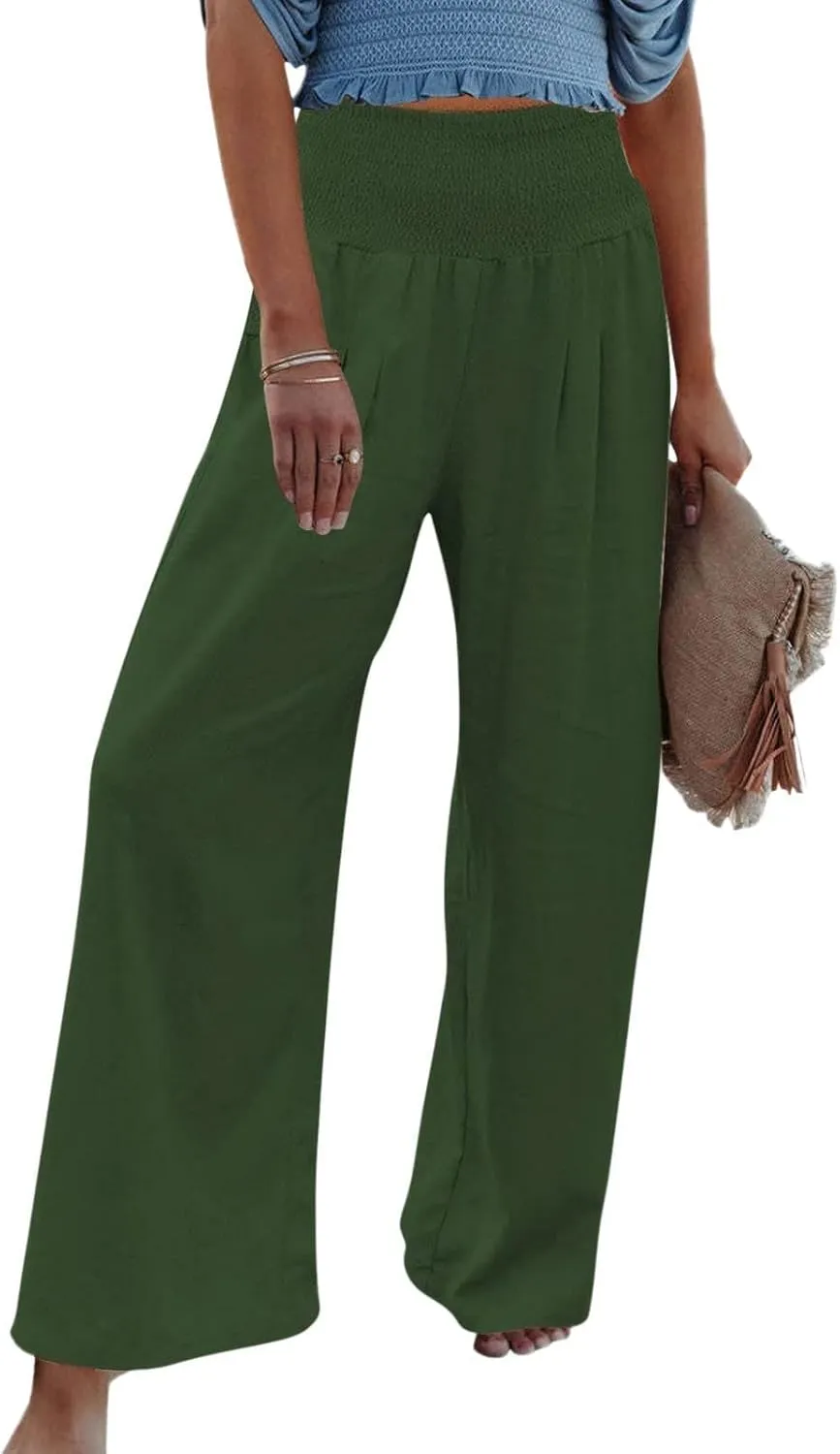 Women Linen Palazzo Pants Summer Boho Wide Leg High Waist Casual Lounge Pant 2024 Beach Travel Vacation Outfits