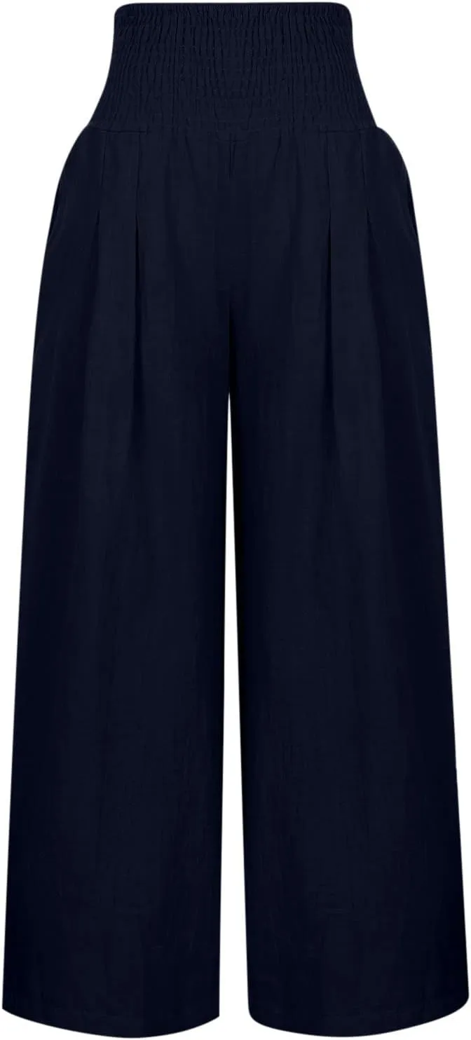 Women Linen Palazzo Pants Summer Boho Wide Leg High Waist Casual Lounge Pant 2024 Beach Travel Vacation Outfits