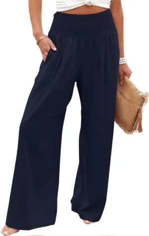 Women Linen Palazzo Pants Summer Boho Wide Leg High Waist Casual Lounge Pant 2024 Beach Travel Vacation Outfits