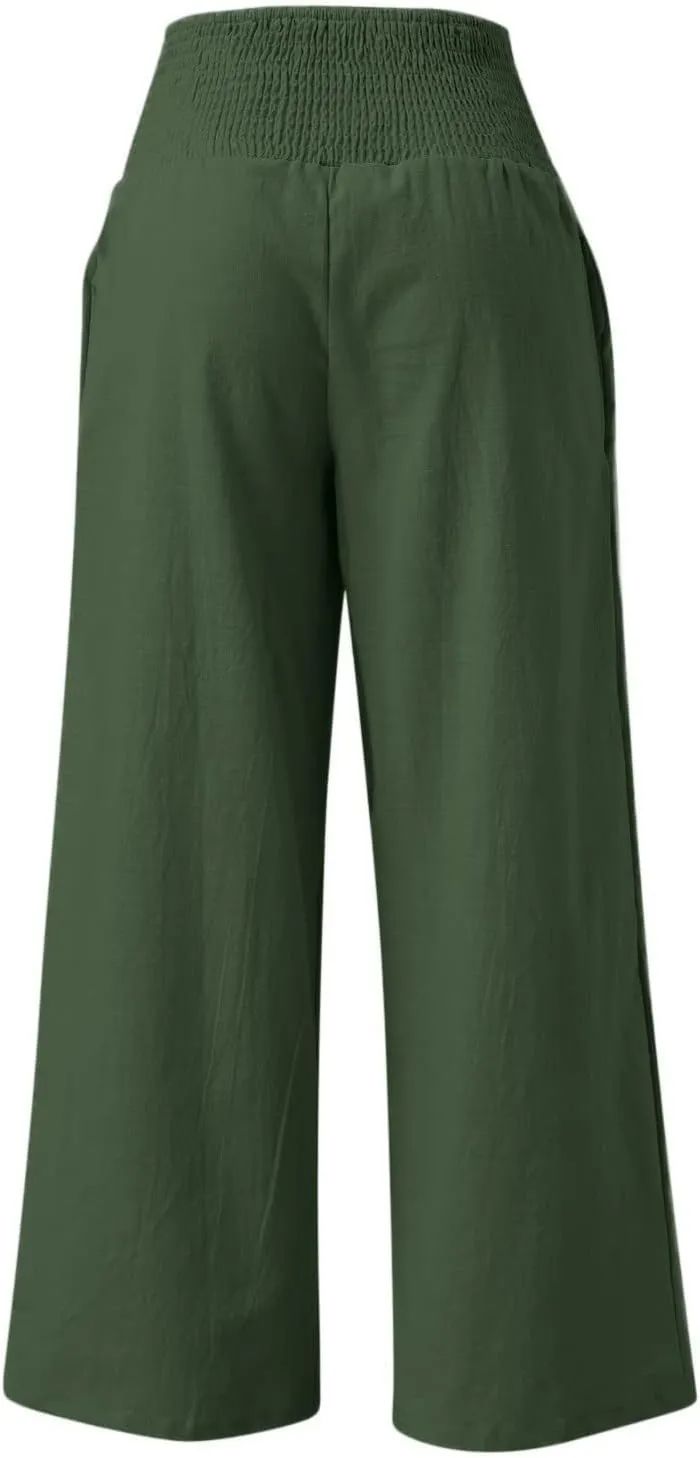 Women Linen Palazzo Pants Summer Boho Wide Leg High Waist Casual Lounge Pant 2024 Beach Travel Vacation Outfits