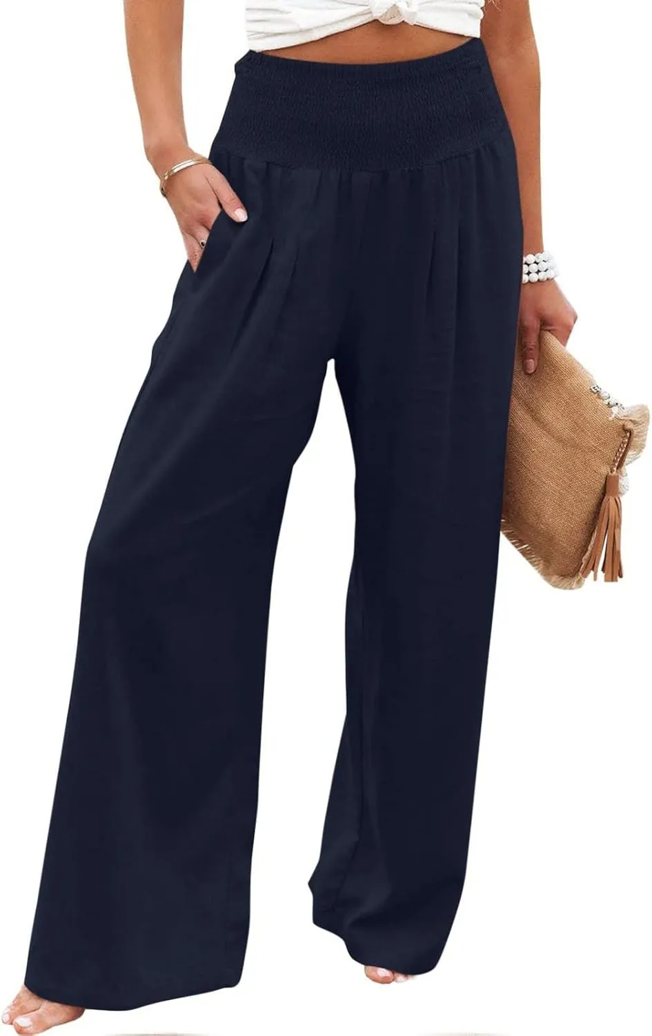 Women Linen Palazzo Pants Summer Boho Wide Leg High Waist Casual Lounge Pant 2024 Beach Travel Vacation Outfits