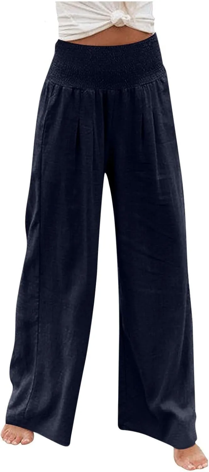 Women Linen Palazzo Pants Summer Boho Wide Leg High Waist Casual Lounge Pant 2024 Beach Travel Vacation Outfits