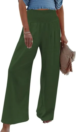 Women Linen Palazzo Pants Summer Boho Wide Leg High Waist Casual Lounge Pant 2024 Beach Travel Vacation Outfits