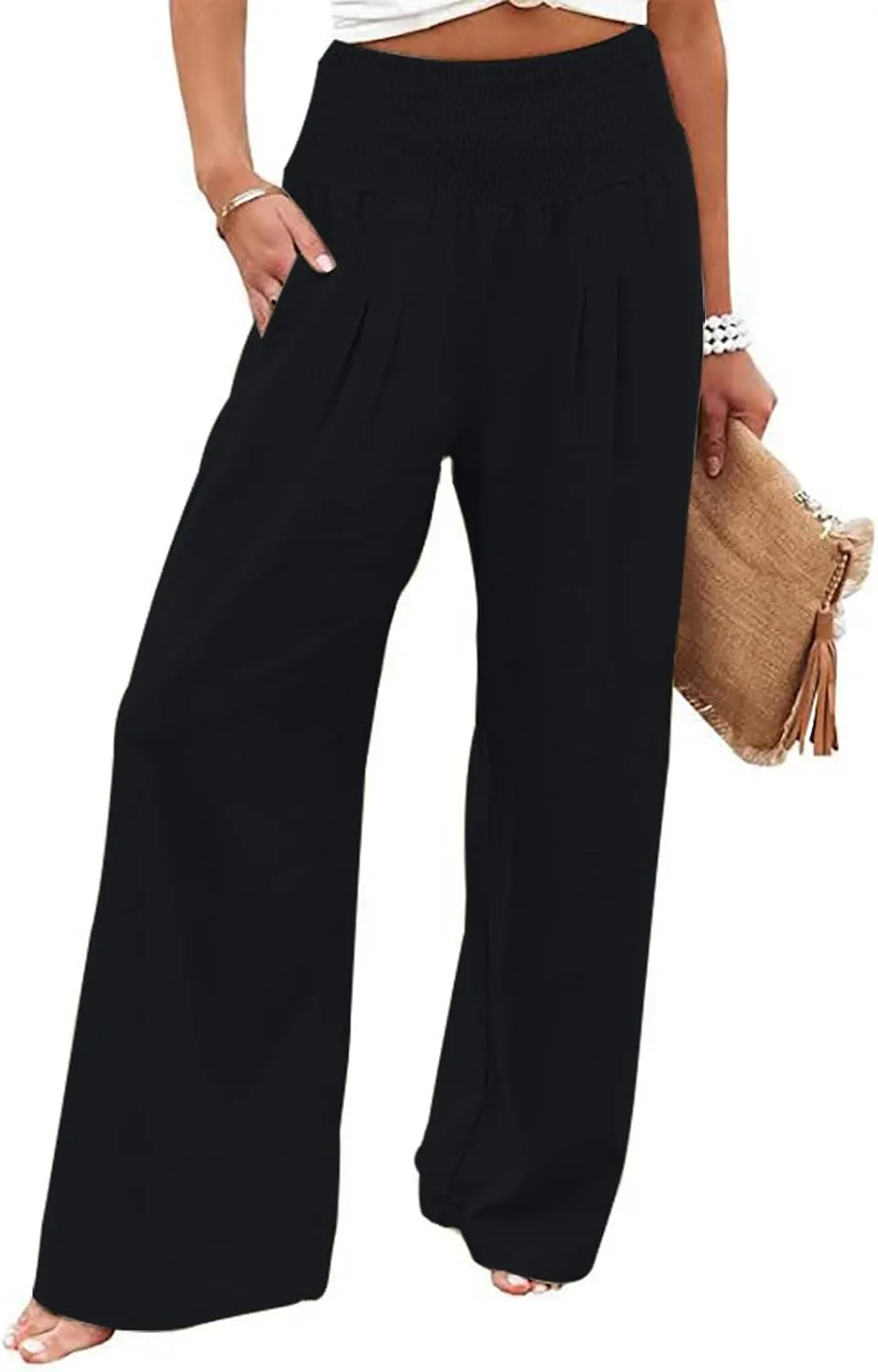 Women Linen Palazzo Pants Summer Boho Wide Leg High Waist Casual Pant Trousers with Pockets