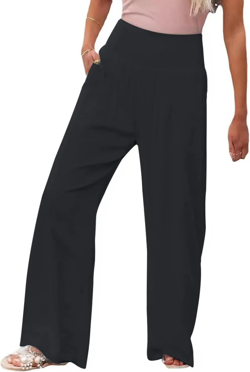 Women Linen Palazzo Pants Summer Boho Wide Leg High Waist Casual Pant Trousers with Pockets