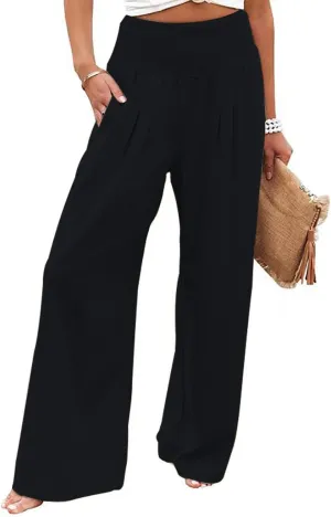 Women Linen Palazzo Pants Summer Boho Wide Leg High Waist Casual Pant Trousers with Pockets