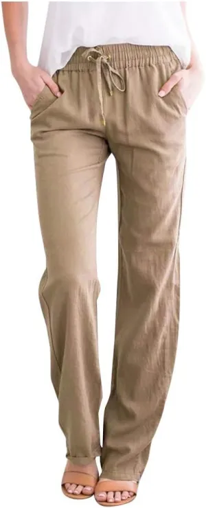 Women Linen Pants 2025 Casual Drawstring High Waisted Summer Pants Baggy Straight Leg Lounge Long Trousers with Pockets