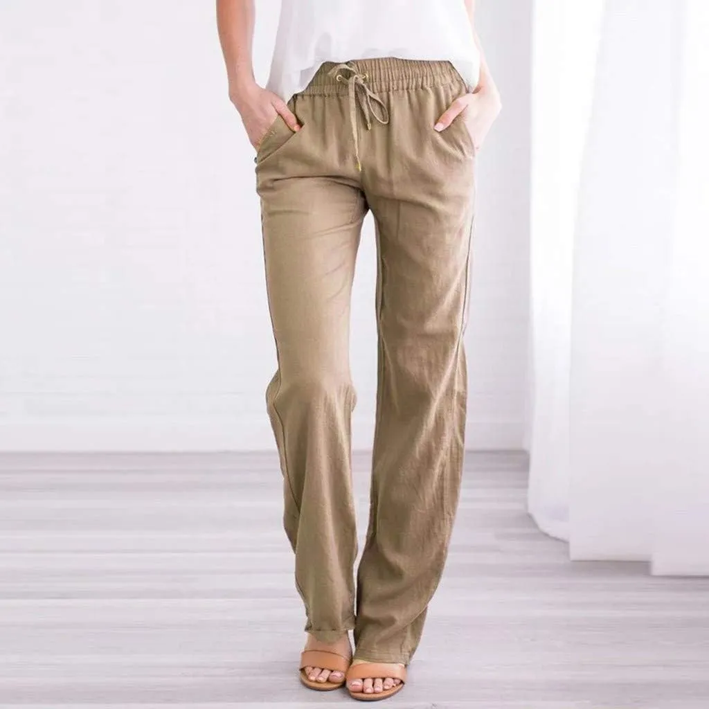 Women Linen Pants 2025 Casual Drawstring High Waisted Summer Pants Baggy Straight Leg Lounge Long Trousers with Pockets