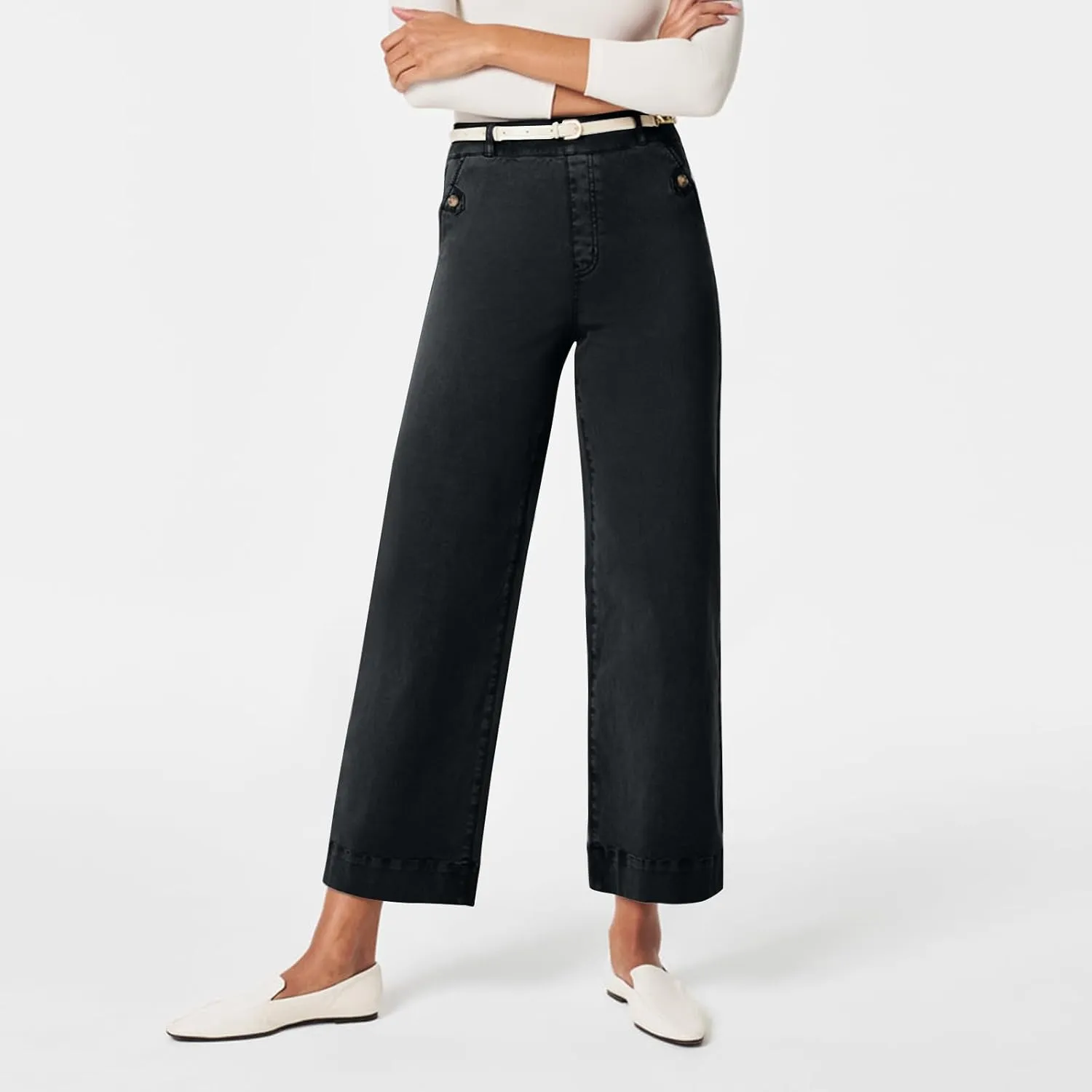 Women Stretch Twill Cropped Wide Leg Pant High Waist Casual Capri Pant Straight Leg Chino Pants Baggy Ankle Jeans