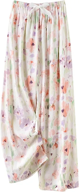 Women Summer Boho Palazzo Pants Flowy Baggy High Waisted Wide Leg Lounge Pants Stylish Floral Print Pajama Trousers