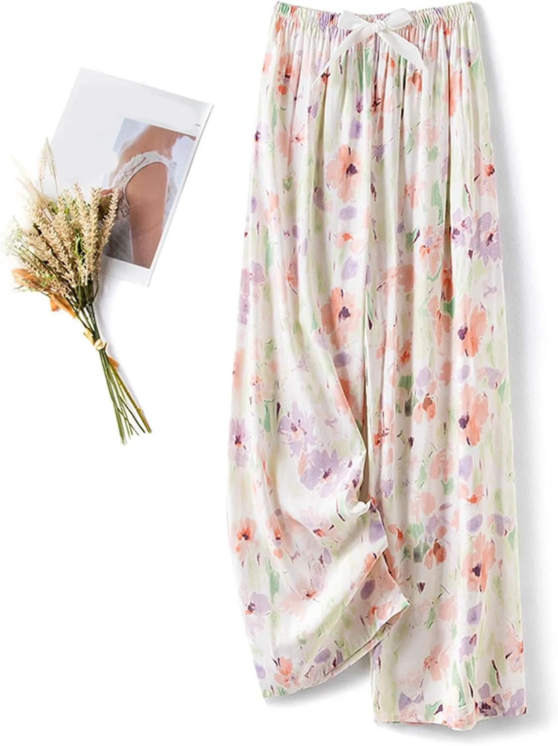 Women Summer Boho Palazzo Pants Flowy Baggy High Waisted Wide Leg Lounge Pants Stylish Floral Print Pajama Trousers