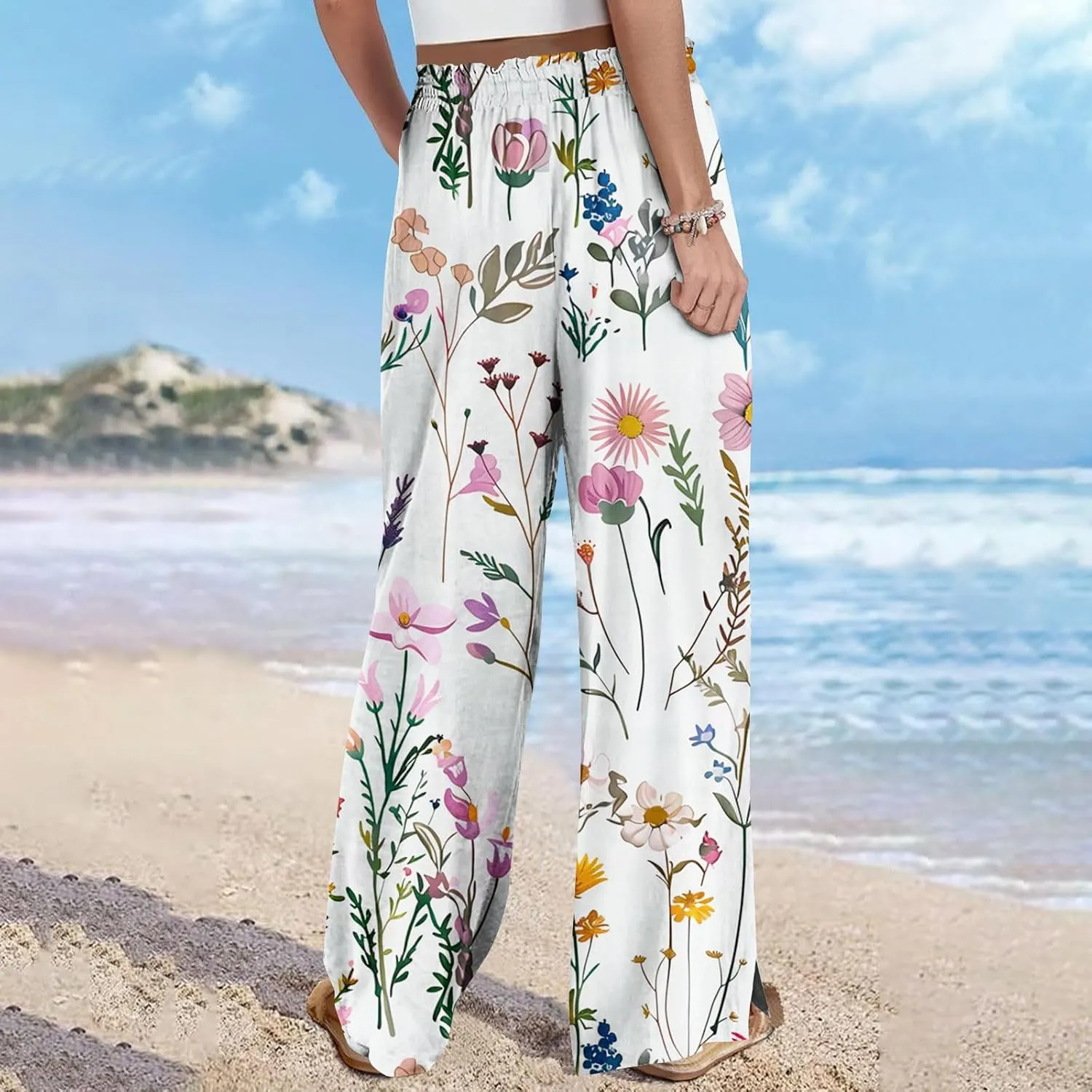 Women Summer Boho Palazzo Pants Flowy Baggy High Waisted Wide Leg Pants Stylish Floral Print Pajama Lounge Trousers