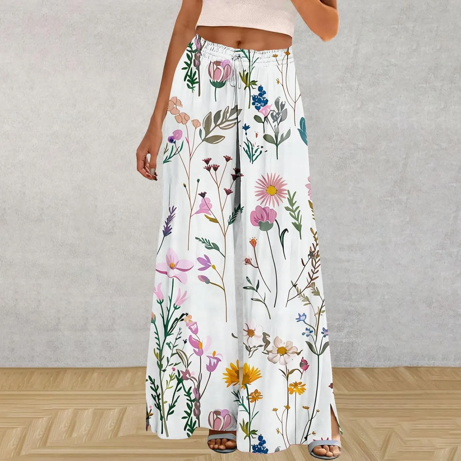 Women Summer Boho Palazzo Pants Flowy Baggy High Waisted Wide Leg Pants Stylish Floral Print Pajama Lounge Trousers