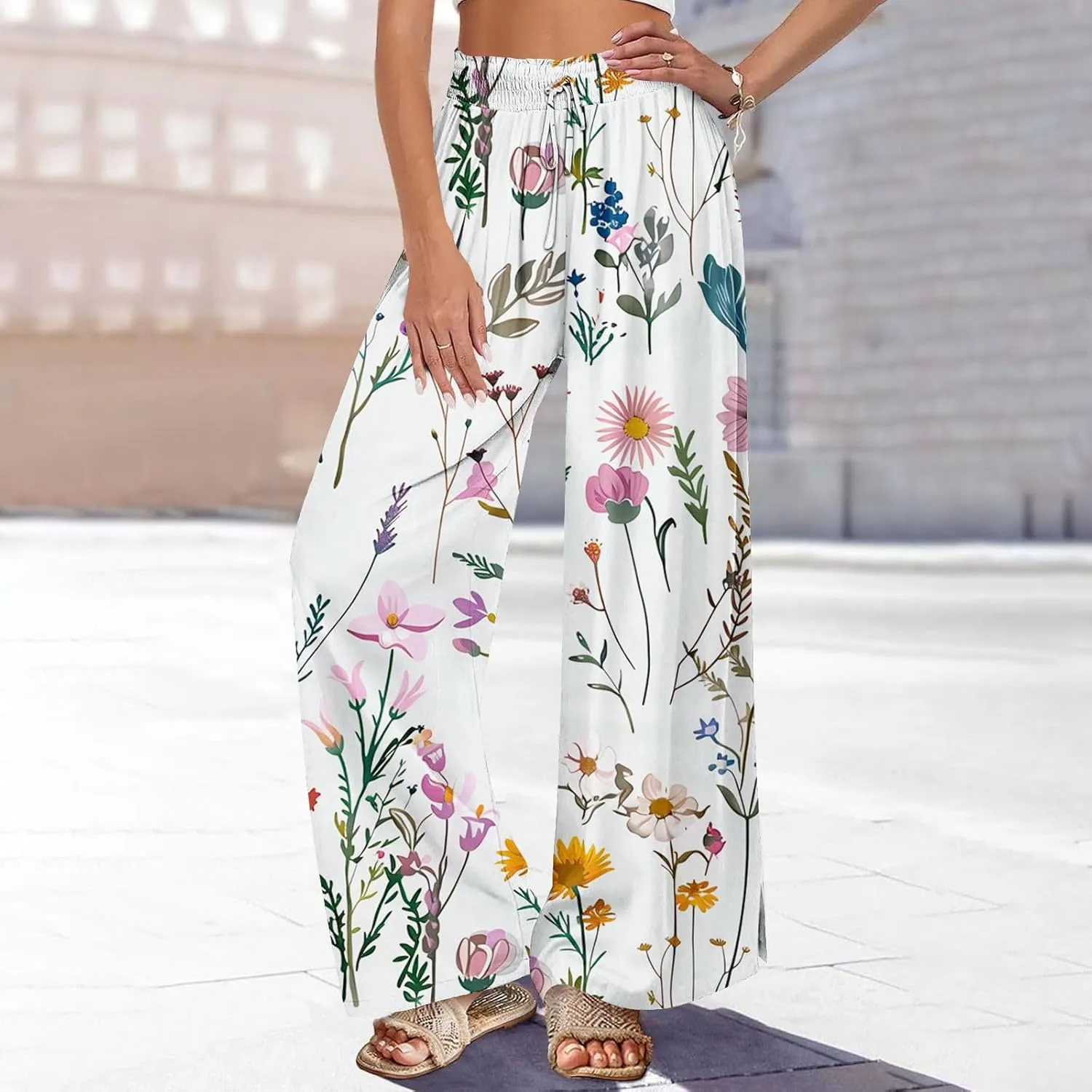 Women Summer Boho Palazzo Pants Flowy Baggy High Waisted Wide Leg Pants Stylish Floral Print Pajama Lounge Trousers