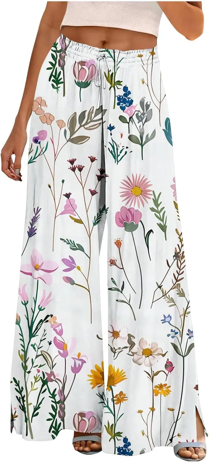 Women Summer Boho Palazzo Pants Flowy Baggy High Waisted Wide Leg Pants Stylish Floral Print Pajama Lounge Trousers