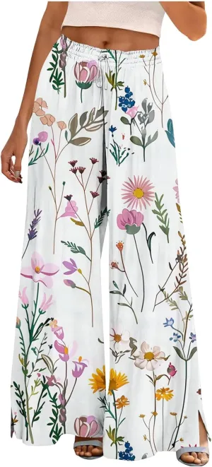 Women Summer Boho Palazzo Pants Flowy Baggy High Waisted Wide Leg Pants Stylish Floral Print Pajama Lounge Trousers