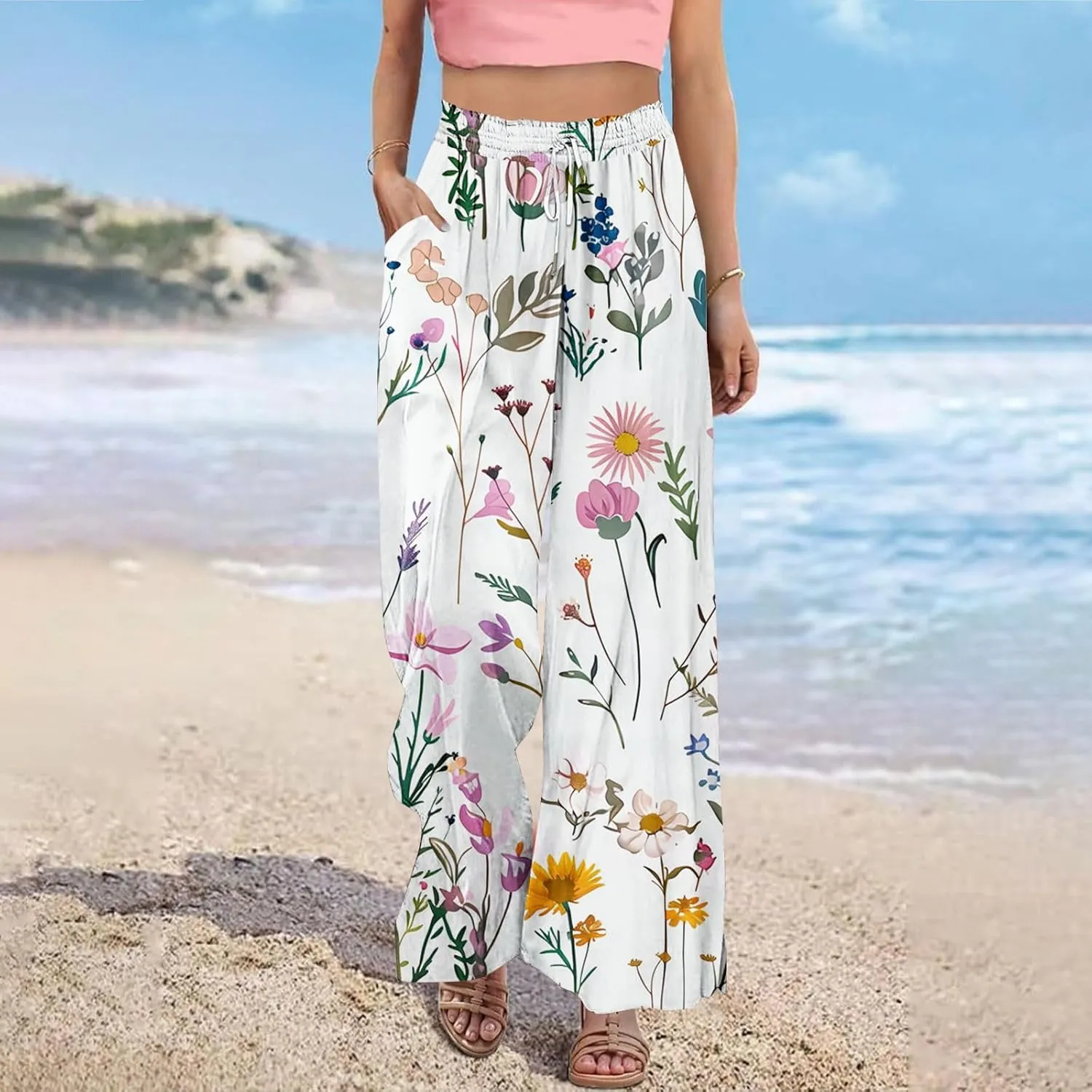 Women Summer Boho Palazzo Pants Flowy Baggy High Waisted Wide Leg Pants Stylish Floral Print Pajama Lounge Trousers