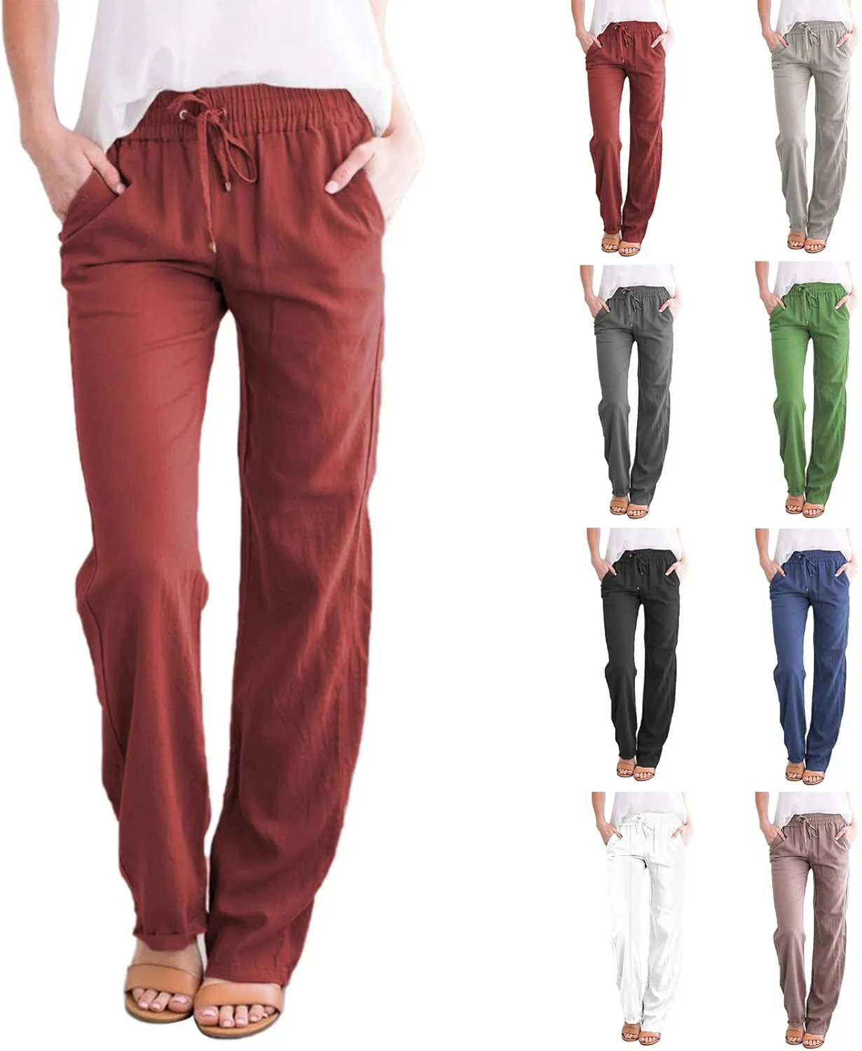 Women Summer Casual Cropped Linen Pants Drawstring Elastic High Waist Trousers Loose Casual Solid Wide Leg Pants