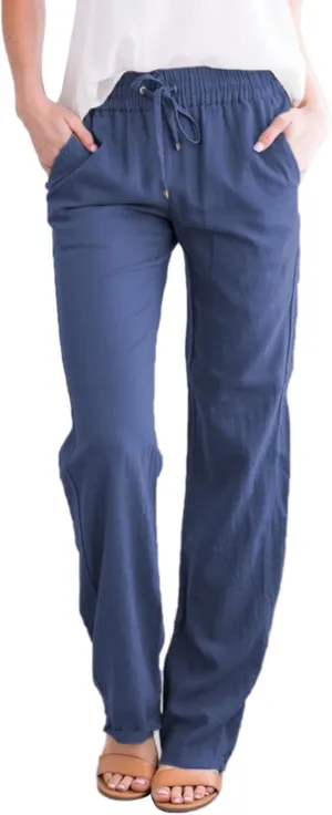 Women Summer Casual Cropped Linen Pants Drawstring Elastic High Waist Trousers Loose Casual Solid Wide Leg Pants
