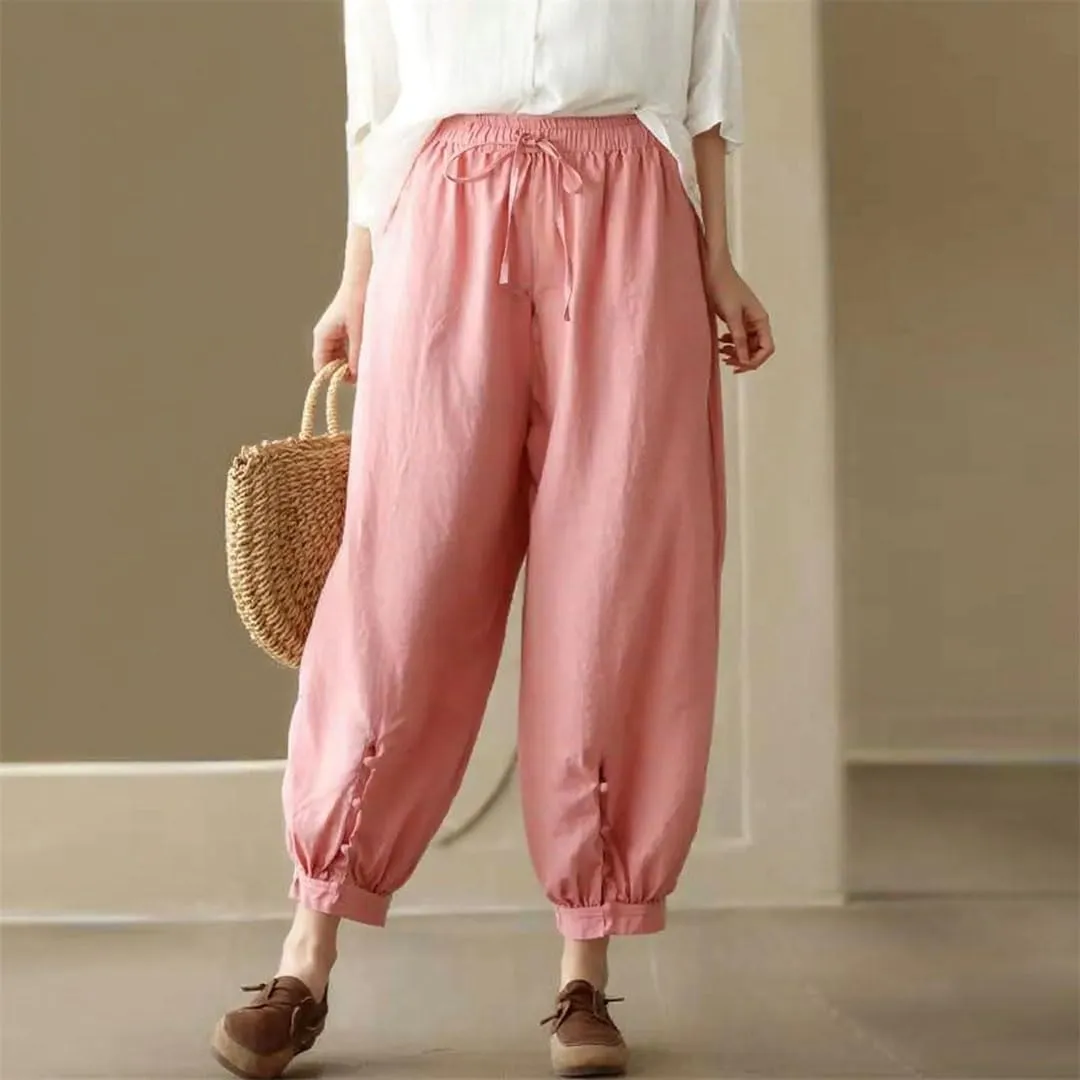 Women Summer Solid Casual Cotton Linen Harem Cropped Pants Loose High Waist Elastic Ankle-Length Pants