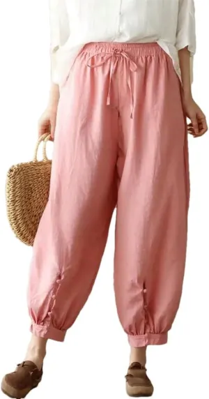 Women Summer Solid Casual Cotton Linen Harem Cropped Pants Loose High Waist Elastic Ankle-Length Pants