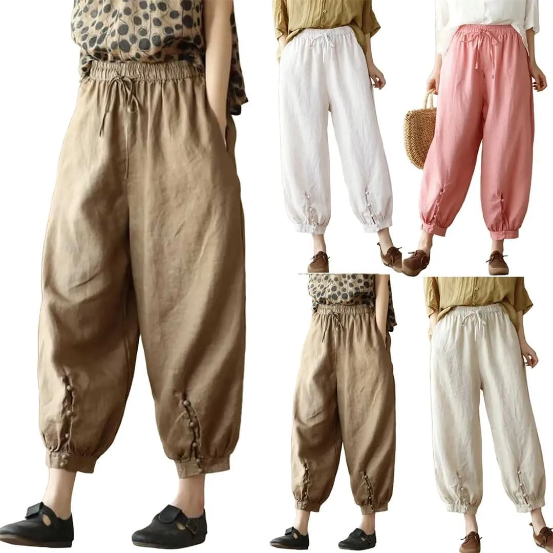 Women Summer Solid Casual Cotton Linen Harem Cropped Pants Loose High Waist Elastic Ankle-Length Pants