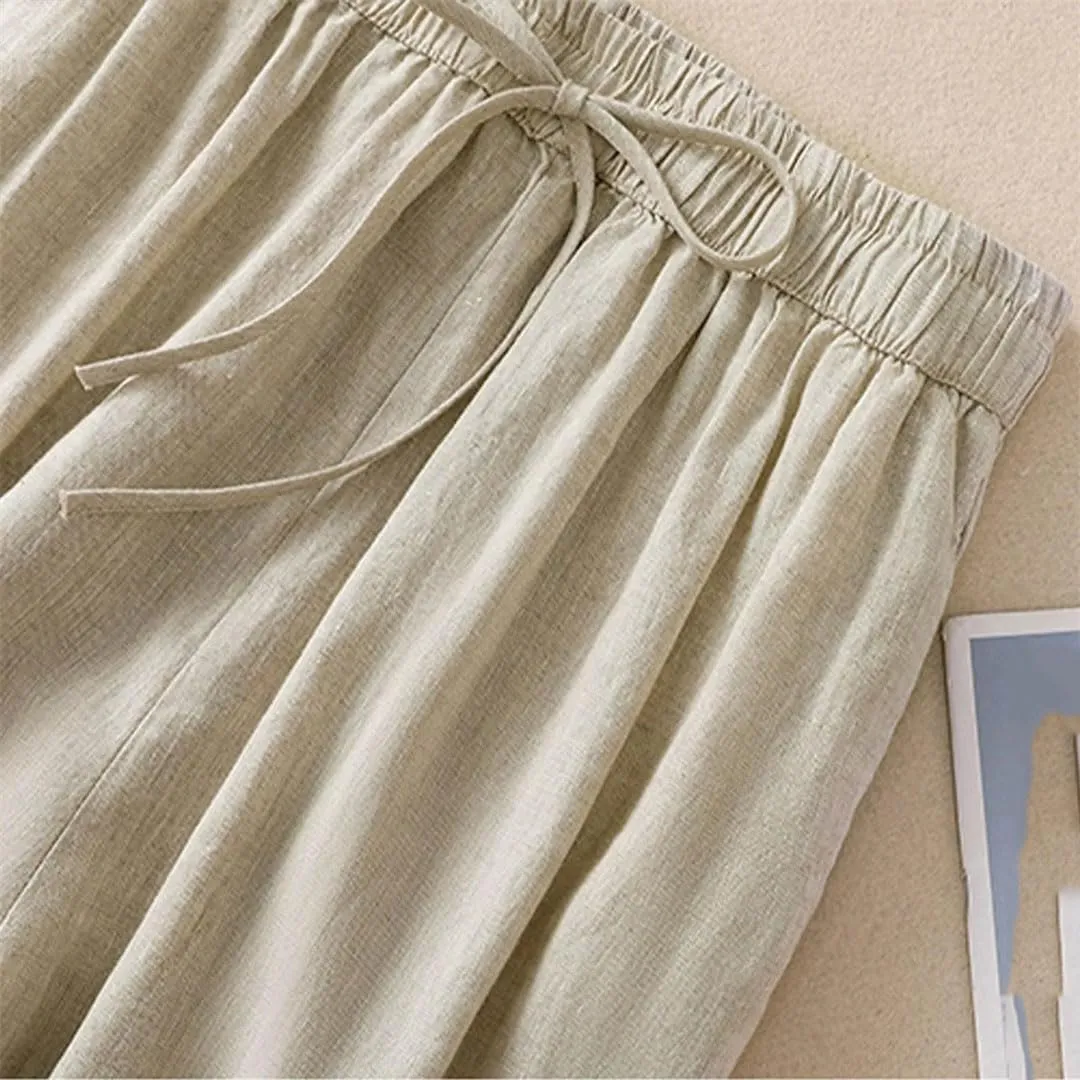 Women Summer Solid Casual Cotton Linen Harem Cropped Pants Loose High Waist Elastic Ankle-Length Pants