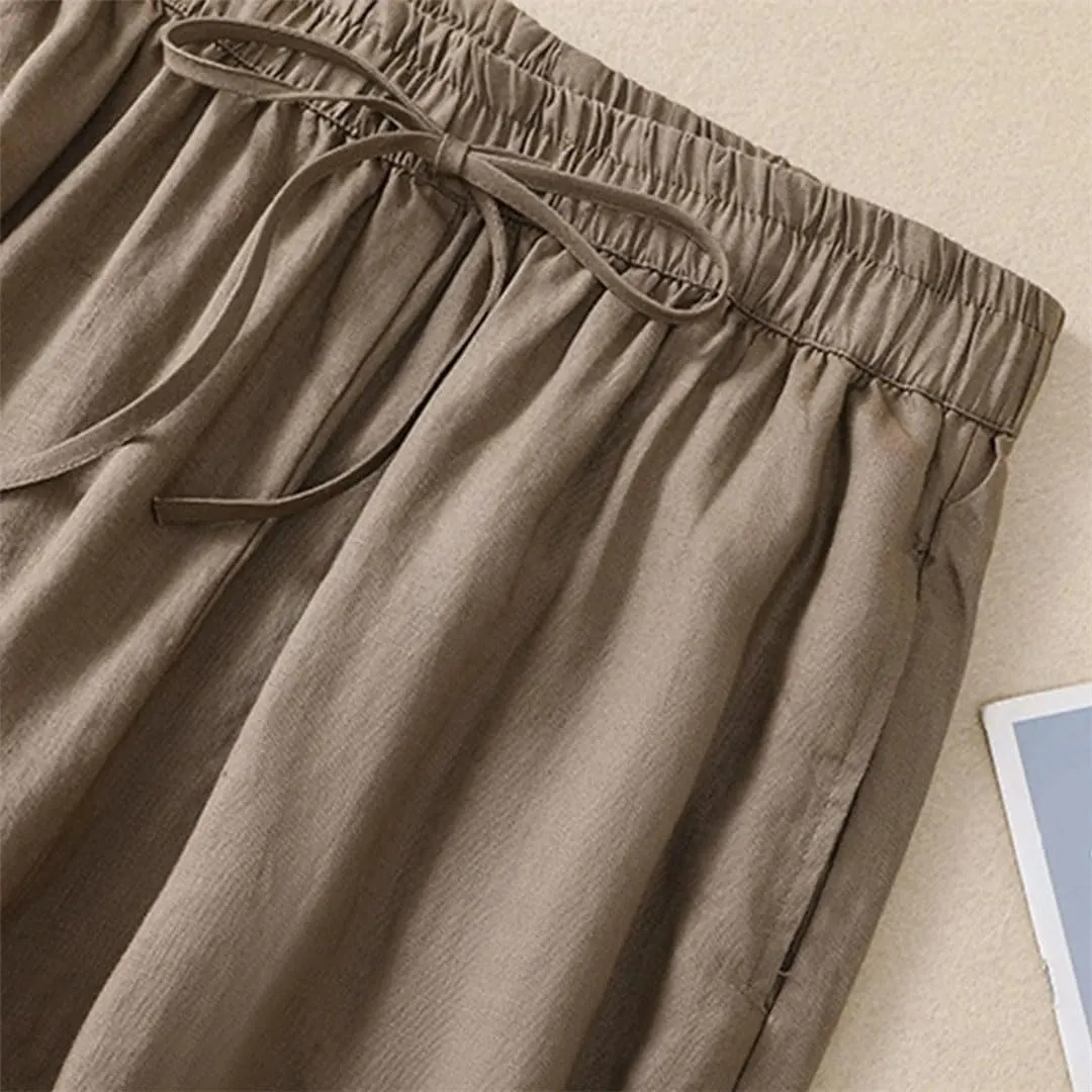 Women Summer Solid Casual Cotton Linen Harem Cropped Pants Loose High Waist Elastic Ankle-Length Pants