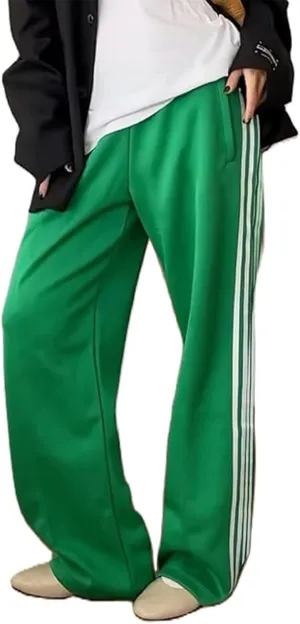 Women Track Pants Wide Leg Striped Sweatpants Elastic High Waist Baggy Pants with Pockets