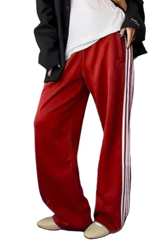Women Track Pants Wide Leg Striped Sweatpants Elastic High Waist Baggy Pants with Pockets
