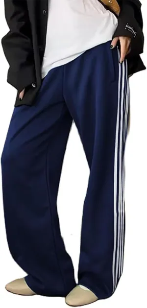 Women Track Pants Wide Leg Striped Sweatpants Elastic High Waist Baggy Pants with Pockets