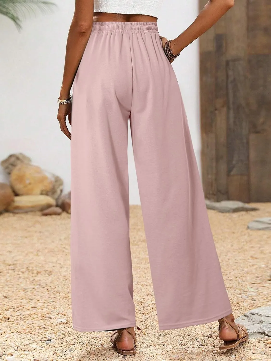 Women Wide Leg Pants High Waist Loose Flowy Adjustable Elastic Belt Pants Casual Long Trousers with Pockets