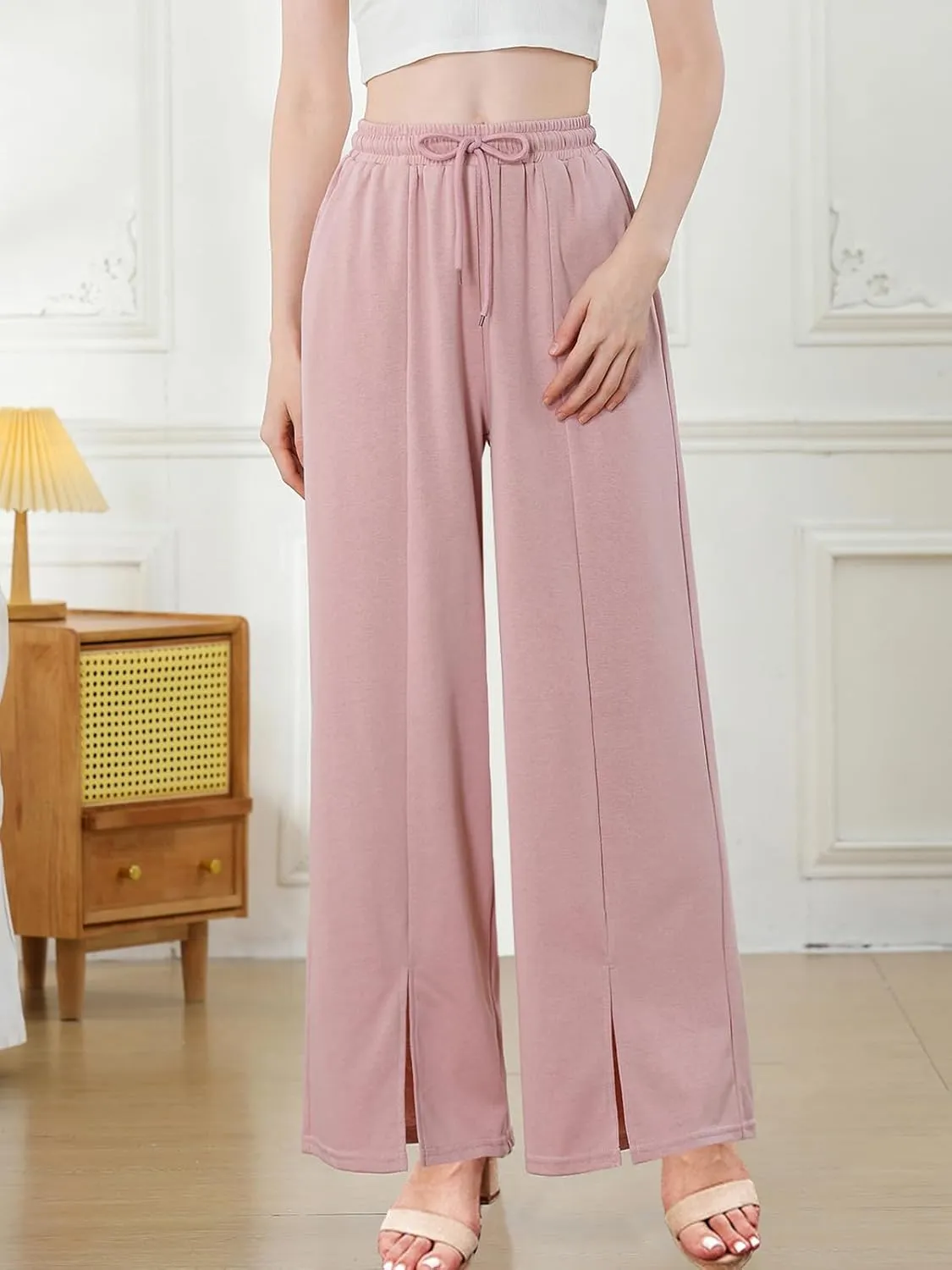 Women Wide Leg Pants High Waist Loose Flowy Adjustable Elastic Belt Pants Casual Long Trousers with Pockets