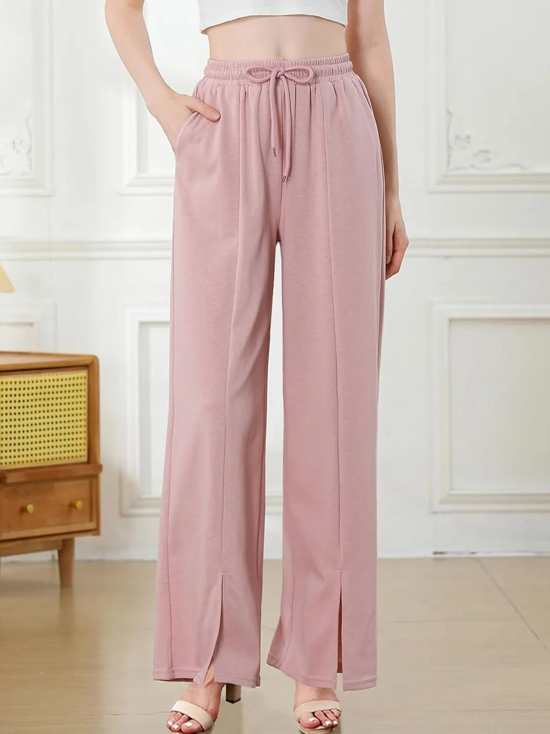 Women Wide Leg Pants High Waist Loose Flowy Adjustable Elastic Belt Pants Casual Long Trousers with Pockets