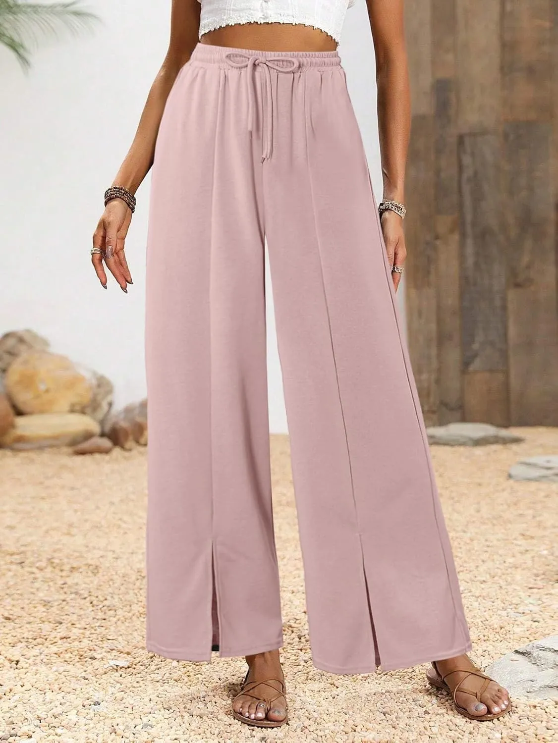 Women Wide Leg Pants High Waist Loose Flowy Adjustable Elastic Belt Pants Casual Long Trousers with Pockets