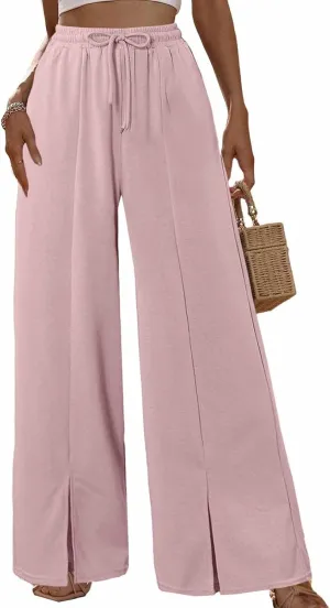 Women Wide Leg Pants High Waist Loose Flowy Adjustable Elastic Belt Pants Casual Long Trousers with Pockets