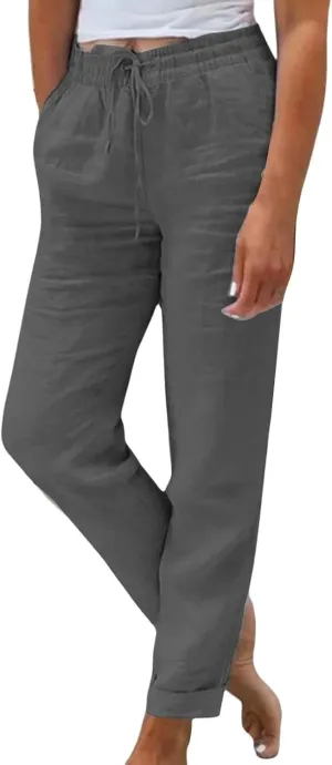 Women Wide Leg Pants Ladies Summer Elastic High Waist Solid Color Cotton Linen Wide Leg Loose Pants Summer Palazzo